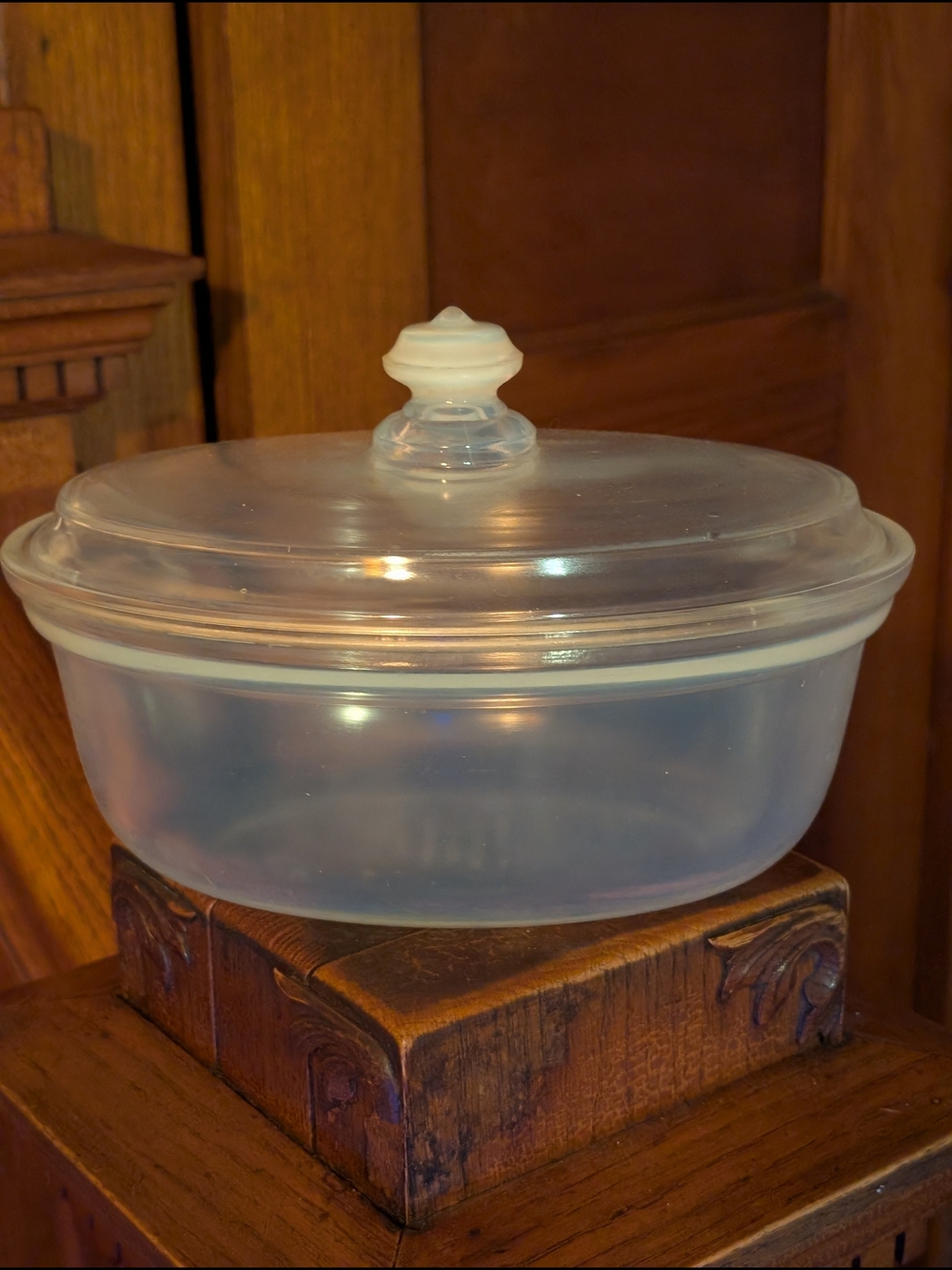 Rare Antique 1920's Fry Opalescent Glass Ovenware Casserole Bowl w Lid Glows UV